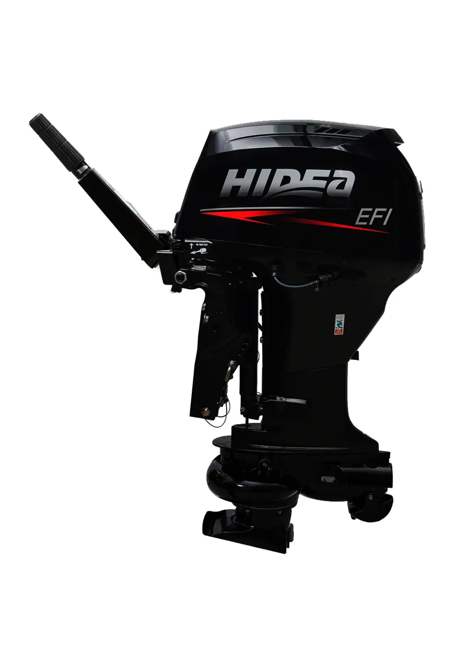 Мотор Hidea HDJEF40HES-T EFI JET: водомётный мотор сбоку, румпель поднят, винта нет